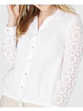J Jill 100% Linen White Button Up Blouse Lace Sleeves Coquette Scandi Girl Small